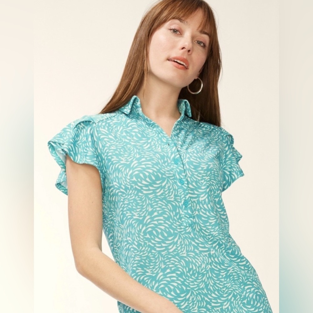 Chico’s S Blue Green Print Flutter Short Sleeve Polo Blouse Top